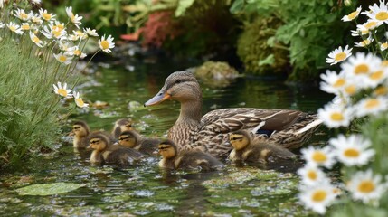 A mother duck and her fluffy ducklings paddle together in a tranquil garden pond. Daisies bloom around the waters edge under bright sunlight, creating a peaceful atmosphere.