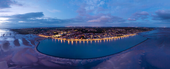 Panorama of West Kirby, Merseyside at dusk, marine lake with blue water, Wirral, England