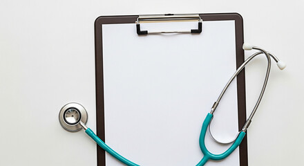 Stethoscope and clipboard with blank paper on a white surface for medical notes and healthcare information in a doctor's office setting
