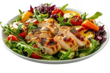 Grilled chicken salad with fresh vegetables, healthy eating, food photography, delicious meal, isolated on transparent background