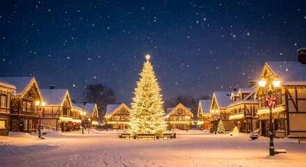 Magical Christmas Village Scene with Decorated Tree and Snow