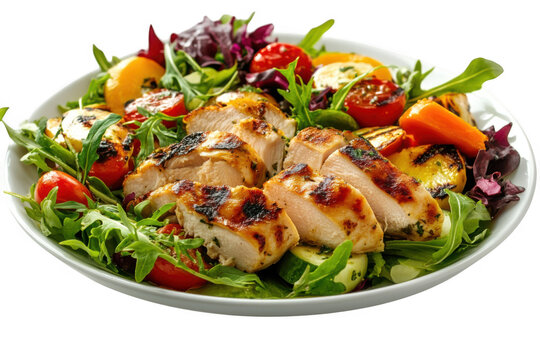 Grilled chicken salad with fresh vegetables, healthy eating, food photography, delicious meal, isolated on transparent background