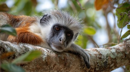 Obraz premium A mature monkey lounges lazily on a sturdy tree branch, surrounded by vibrant green leaves. The animal looks relaxed, enjoying the warmth of the sun in its natural habitat.