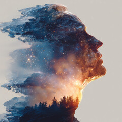 Contemplating the Cosmos: A surreal montage unveils a man's profile seamlessly merged with celestial wonders, representing introspection, the universe within, and the limitless depths of thought.