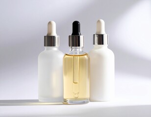 Naklejka premium Three Elegant Serum Bottles Close Up 