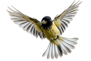 Flying great tit bird wings spread wildlife ornithology avian nature photography stock image clip art vector isolated on transparent background