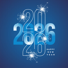 Happy New Year 2026 line and bold light blue shining typography crossover with sparkle firework on blue isolated background icon logo
