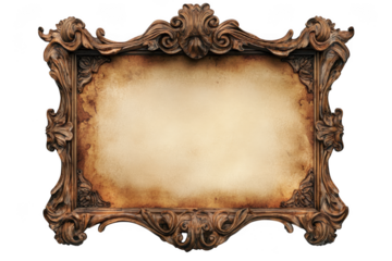 Ornate vintage picture frame with scroll design, decorative antique border, golden wood texture, isolated on transparent background