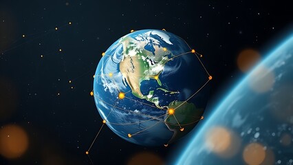 Fototapeta premium Satellite view of Earth with golden connection points, abstract digital networks against deep space.