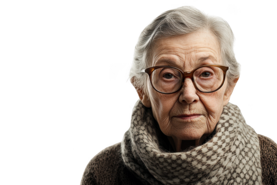 Elderly woman portrait with glasses and scarf, senior female face, old lady smiling, grandmother image, png photo, isolated on transparent background