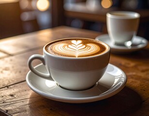 Delicious Latte Art Coffee Cup on a Saucer with Soft Bokeh Background