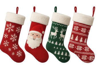 Festive christmas stockings featuring santa claus, reindeer, snowflakes, and pine trees hanging in vibrant colors against transparent backdrop