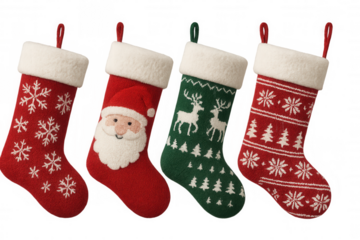 Festive christmas stockings featuring santa claus, reindeer, snowflakes, and pine trees hanging in vibrant colors against transparent backdrop