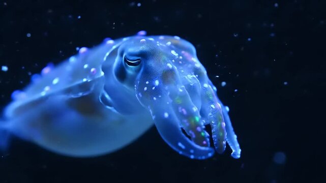 Mesmerizing Bioluminescent Cuttlefish with Glowing Spots in Dark Ocean Water