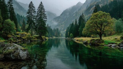 Misty mountain lake with green forest reflections