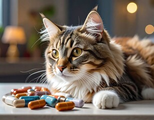 Cat lying near colorful pills