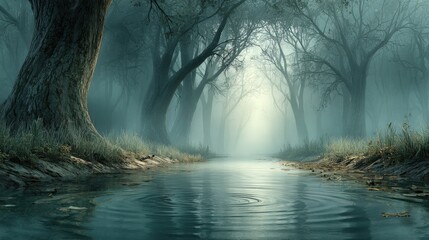 Foggy enchanted forest river with dramatic light rays