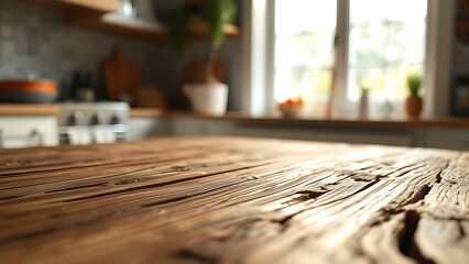 Rustic wooden table with natural textures, bathed in soft sunlight from a nearby window.