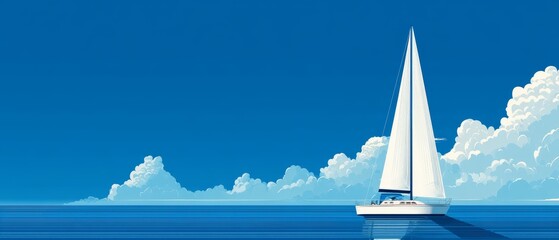 Sleek Minimalist Sailboat Illustration in Side Profile Against Blue Sky