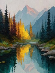 Oil painting of autumn forest with golden trees by lake