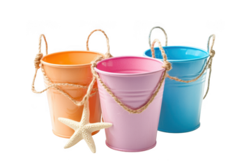 Colorful metal buckets orange pink blue with starfish summer beach pails decorative isolated on transparent background