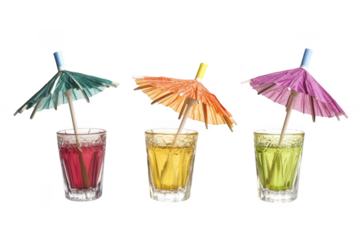 Three colorful cocktail drinks with paper umbrellas: summer beverage clipart, party drink illustration, tropical mocktail isolated on transparent background