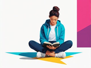 young woman sitting on floor and reading books book
