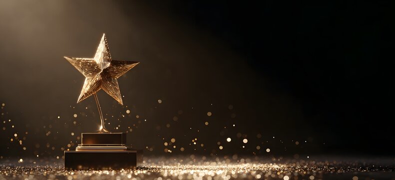Golden star award trophy on dark background with sparkling glitter. Symbol of success, achievement, and first place victory. Luxury prize ceremony concept.