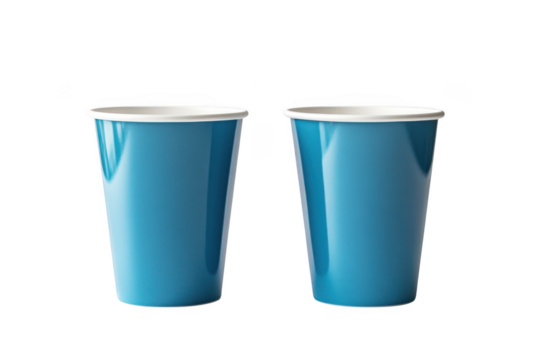 Two blue paper cups mockup, disposable coffee cup, drink container, hot beverage cup, party cup, isolated on transparent background