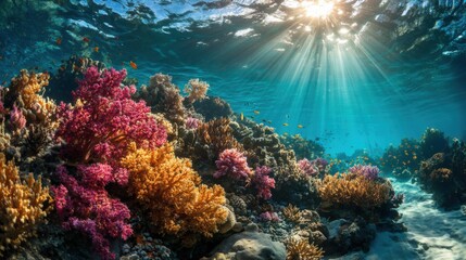 Fototapeta premium An underwater landscape showcases a vibrant coral reef teeming with colorful corals and small fish. Sunlight streams through the water, creating a serene and lively atmosphere.