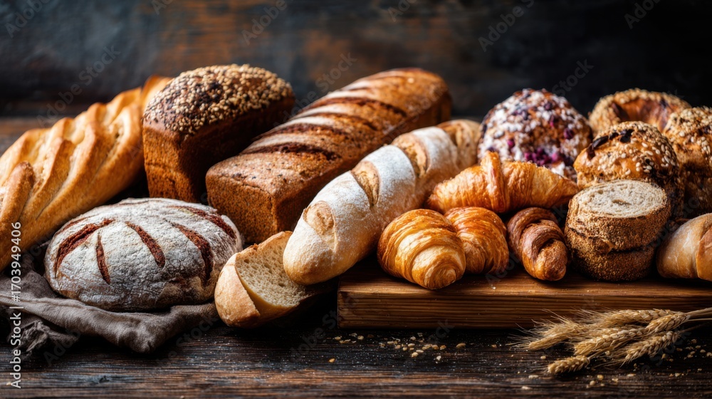 Poster various types of freshly baked bread are displayed on a rustic wooden table. different shapes and te