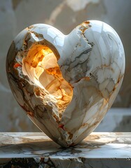 Heart-shaped stone sculpture, illuminated interior