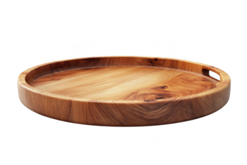 Round wooden serving tray with handles, decorative breakfast tray, ottoman tray, coffee table tray, wood tray isolated on transparent background