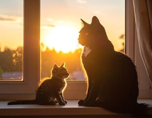 Two cats on a windowsill at sunset