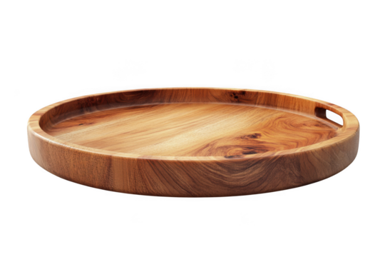 Round wooden serving tray with handles, decorative breakfast tray, ottoman tray, coffee table tray, wood tray isolated on transparent background - Powered by Adobe