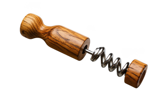 Wooden corkscrew with metal worm, wine opener tool, bar accessory, kitchen utensil, waiter friend, sommelier equipment, isolated on transparent background - Powered by Adobe