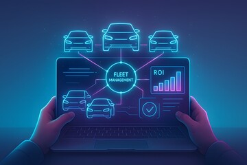 Hands holding laptop showing electric cars, fleet network and ROI chart; neon cyan magenta interface; analytics visual for telematics platforms, mobility services, logistics presentations.