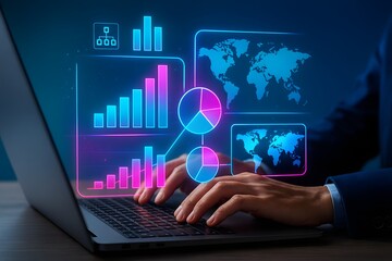 Global analytics dashboard on laptop with neon charts, pie graphs, and world maps, blue and magenta lighting, for business intelligence, data visualization, and corporate reporting.