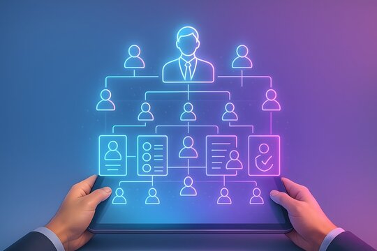 Digital organizational chart above a tablet, human resources profiles and approvals connected in hierarchy, neon blue and pink lighting for HR management and workforce planning.