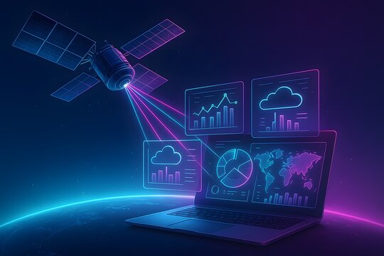 Satellite streaming data to laptop dashboards with charts and world map, neon cyan‑magenta glow on horizon for geospatial analytics, climate insights and real‑time monitoring presentations.