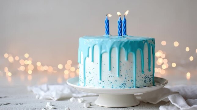 Beautiful blue drip cake with candles for a special celebration in a cozy setting