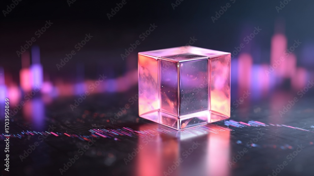 Poster translucent cube reflecting lights on textured surface, blurred background