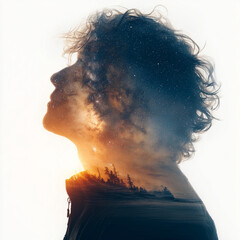 Celestial Contemplation: A mesmerizing double exposure reveals a person lost in deep thought, with their silhouette merged seamlessly with the beauty of a starlit sky and a radiant sunrise.