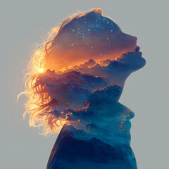 Skyward Gaze: A person merges seamlessly with a breathtaking tapestry of celestial elements, embodying a dreamlike state.