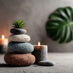 Serene Balance:  A carefully balanced stack of smooth stones topped with a small plant alongside a lit candle, creating a harmonious atmosphere of calm and peace.