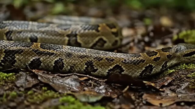 Close-up of a large python or boa constrictor slithering slowly on the mossy forest floor