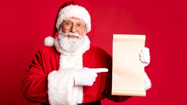 Smiling Santa Claus Holds a Scroll on a Red Background, Festive Portrait