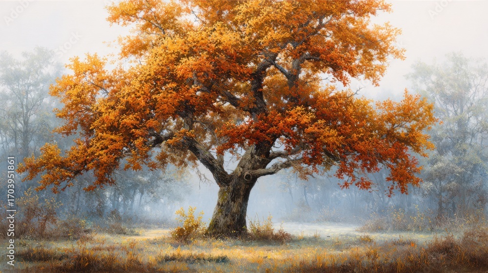 Poster a large tree with brilliant orange leaves stands prominently in a misty clearing. the surrounding la