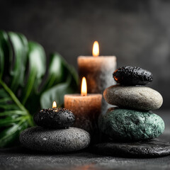 Zen Garden in Light: Capturing a serene moment with the soft glow of candles illuminating a perfectly balanced arrangement of stones and verdant monstera leaf.