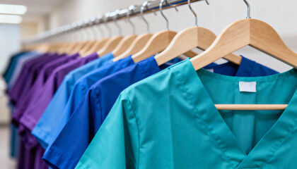 Row of colorful medical scrubs on wooden hangers in a hospital or clinic setting